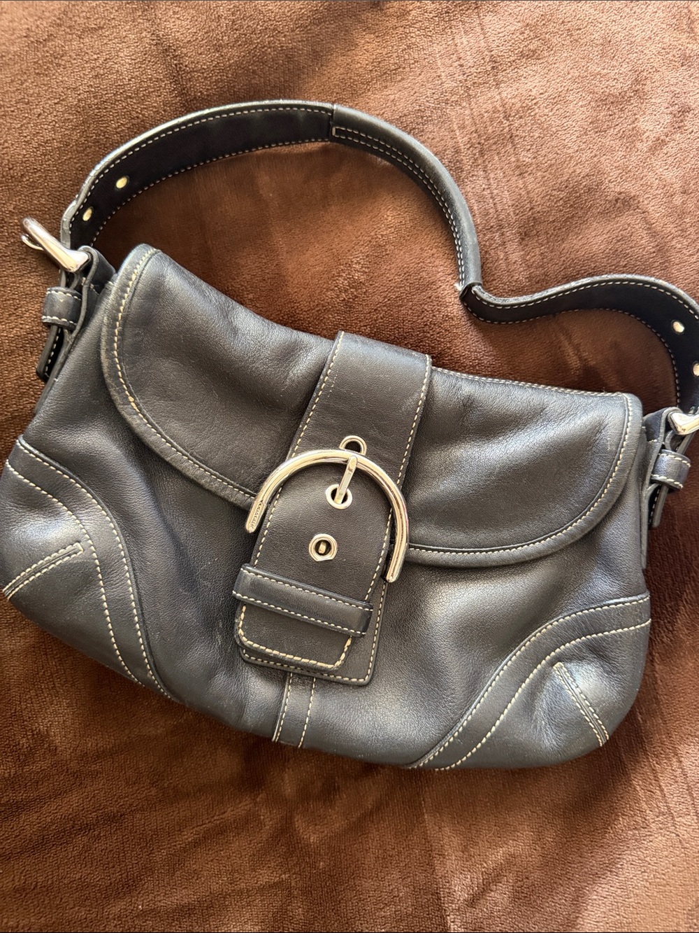 Leather Shoulder Bag with Silver Buckle - Black